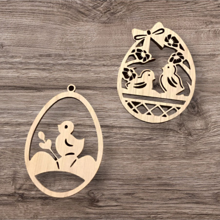 Påskepynt i træ, kyllinge i æg