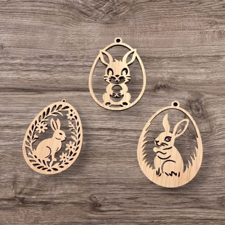 Påskeharer i æg  i træ til ophæng, 3 stk.