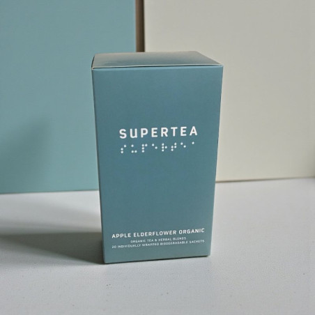Økologisk te med smag af æble og hyldeblomst. 20 tebreve i æske fra Teministeriet.