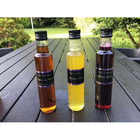 Mango sirup, blåbær sirup, karamel sirup - Puk´s Delikatesser