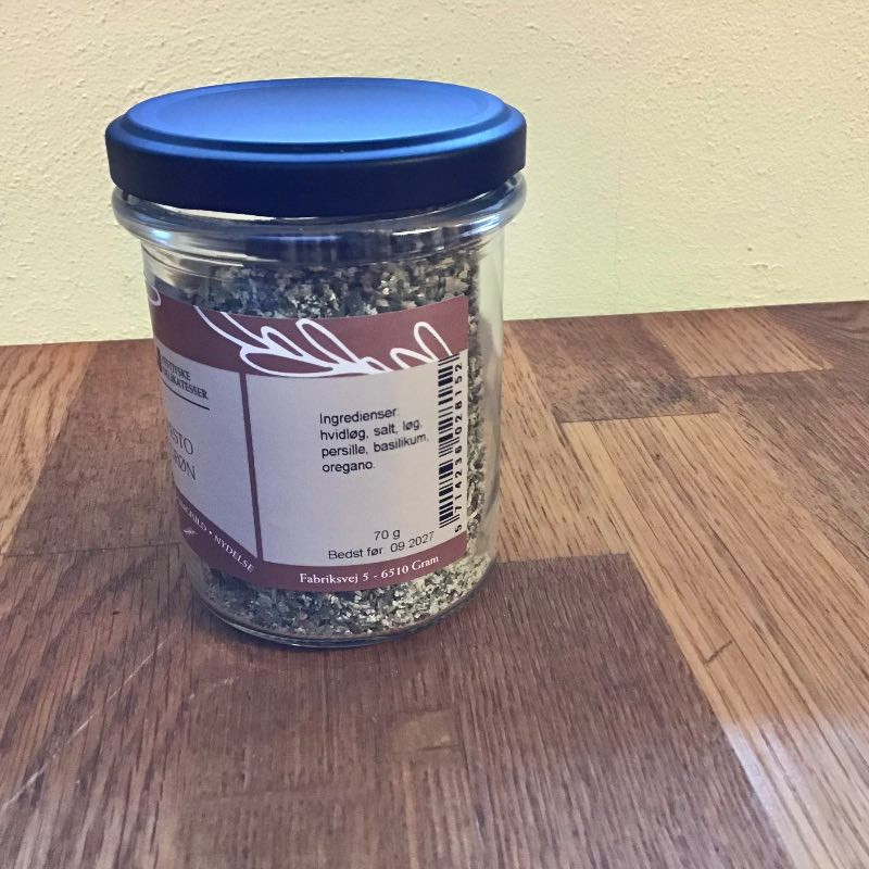 Grøn pesto - tør blanding. Nem at røre op. Vestjyske delikatesser.